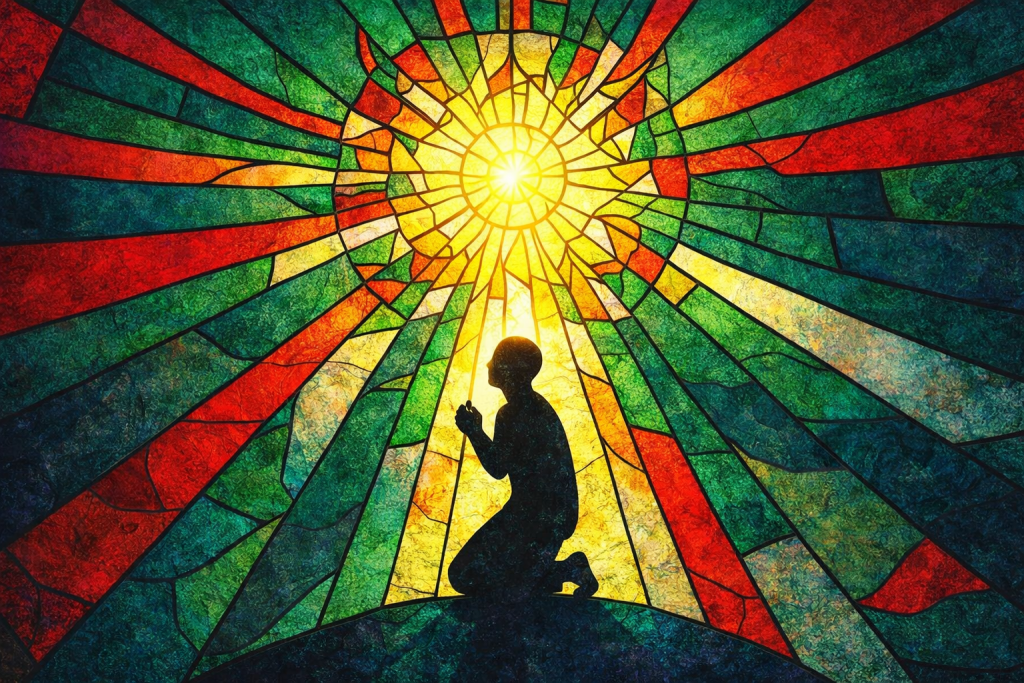 Stained glass pop art image of a kneeling figure praying beneath a radiant circular burst of light, with bold red and green shards spreading outward.