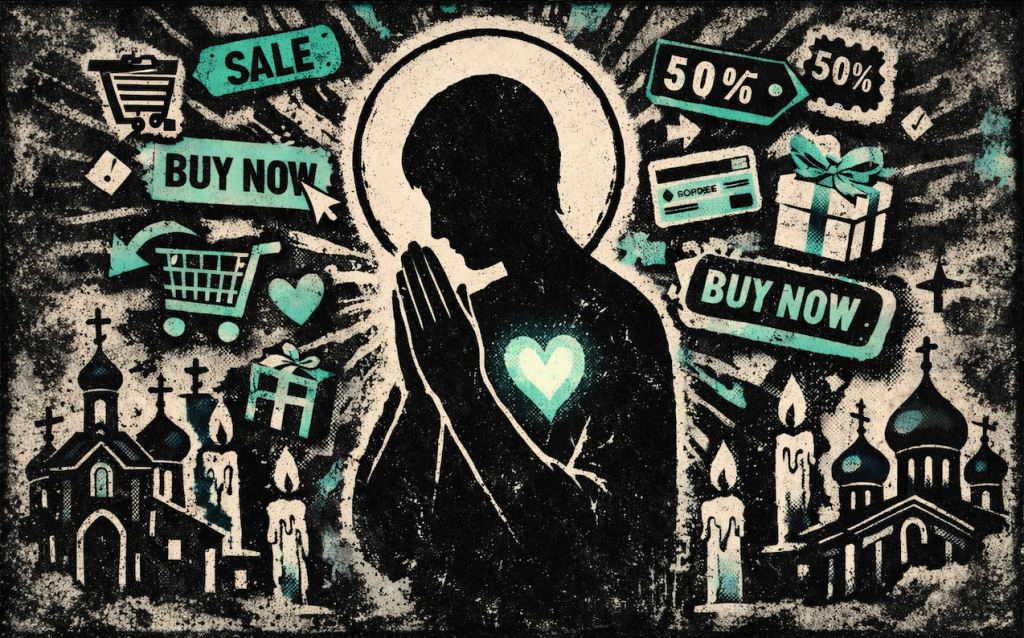 A silhouetted person prays with a halo and a glowing heart while sale signs, shopping icons, and “buy now” buttons swirl around them above candles and church buildings.