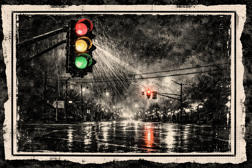 A rainy nighttime city intersection with a traffic light glowing above wet pavement and reflections stretching across the road.