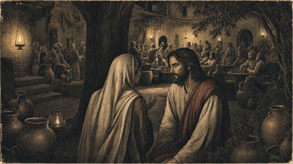 Mary quietly tells Jesus that the wine has run out during the wedding feast at Cana.